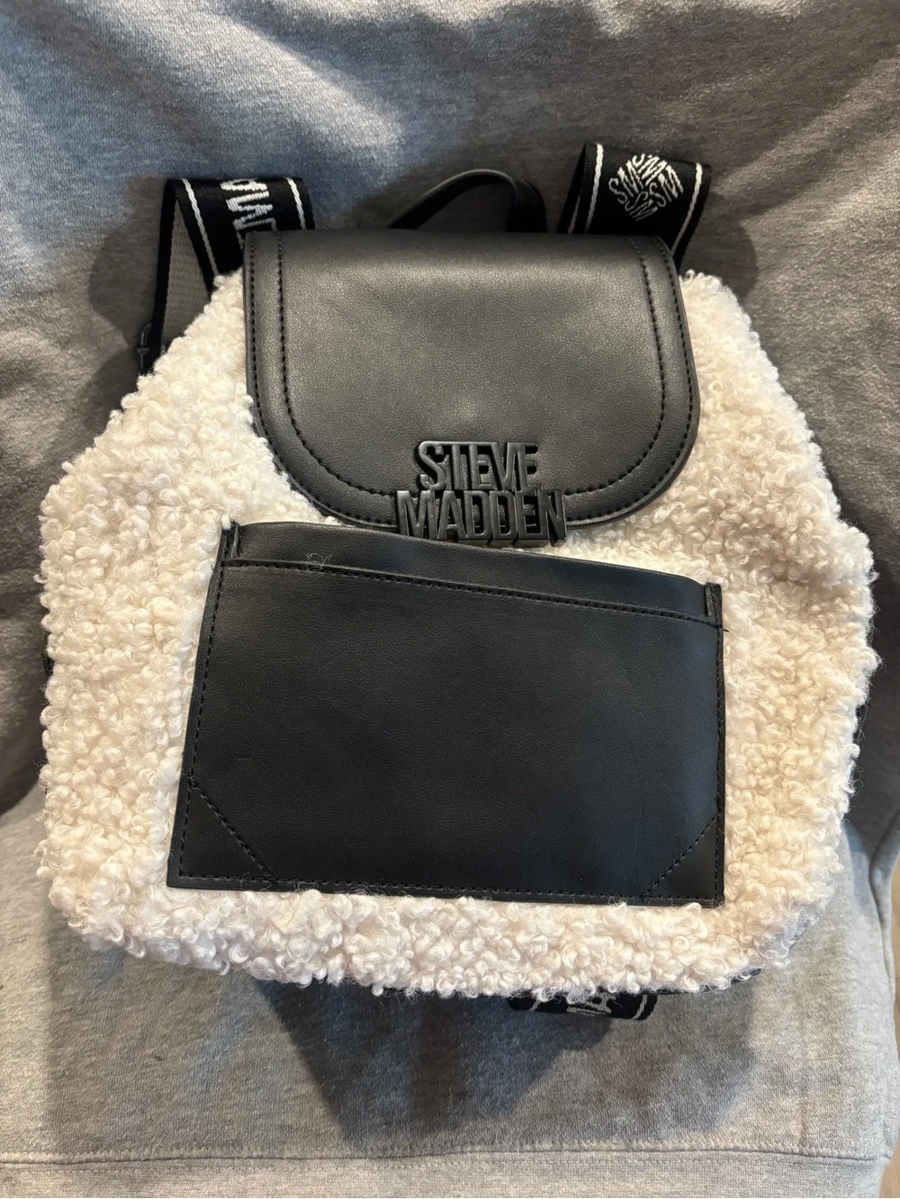 NWT Steve Madden Black/Cream Faux-Shearling Backpack BMAKENNA Retail $98